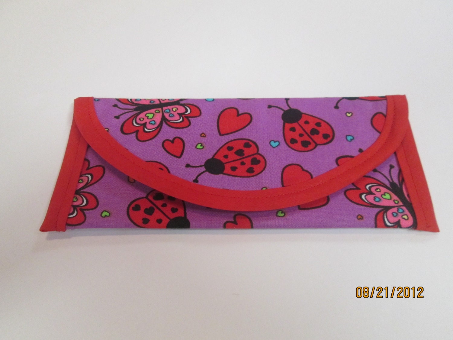 Clutch, Wallet, Red bugs and butterfly on purple Fabric. Envelope, bags & Purses 7x3 inch
