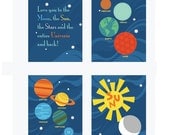 Planets Art Prints. Planets and Universe. Set of 4, 8.5X11, Nursery decor, Boy or Girl room decor, Birthday Gift, Planet Artwork