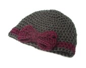 Crochet Winter Baby Hat - Grey Baby Girl Hat with Purple Crochet Bow