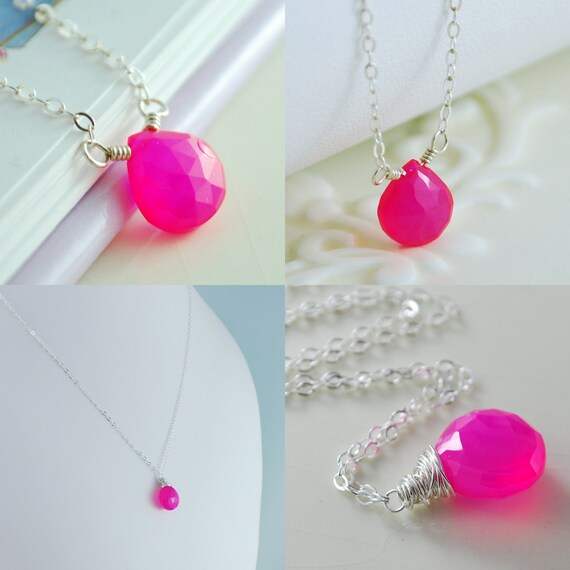 Mother Daughter Necklace on Mother Daughter Necklace Set Hot Pink Chalcedony Gemstone Sterling