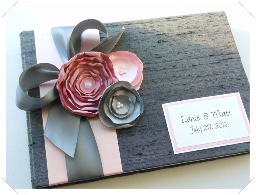 Gray and Pink Custom Wedding Guest Book with Flowers (made to order)