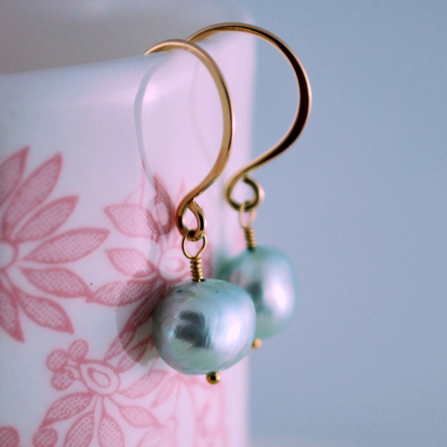 Powder Blue Freshwater Pearl Earrings Drop Genuine Wire Wrapped Simple Gold Jewelry Complimentary Shipping