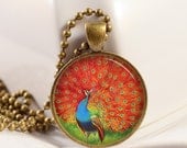 Vintage Red Orange Peacock Pendant Resin Pendant Picture Pendant Photo Pendant Resin Jewelry Bird Pendant C198B