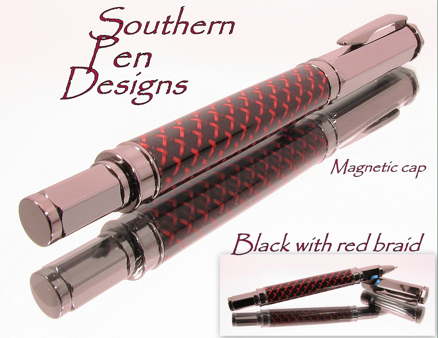 Handcrafted pen Magnetic Cap, Gunmetal Vertex Rollerball Pen withblack and red braid body.