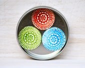 Tribal design magnets set of 3 in a tin geometric flower Red Green Blue Fridge
