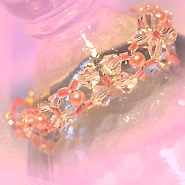 Bracelet - Glass Pearls and Beads - Pink Flower Motif