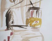 Tram goes fast - watercolor painting - original - europeanstreetteam