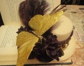 Gypsy Bride - Beaded mini top hat Beige Cream Purple Eggplant Gold Butterfly Ostrich Feather Hair Fascinator