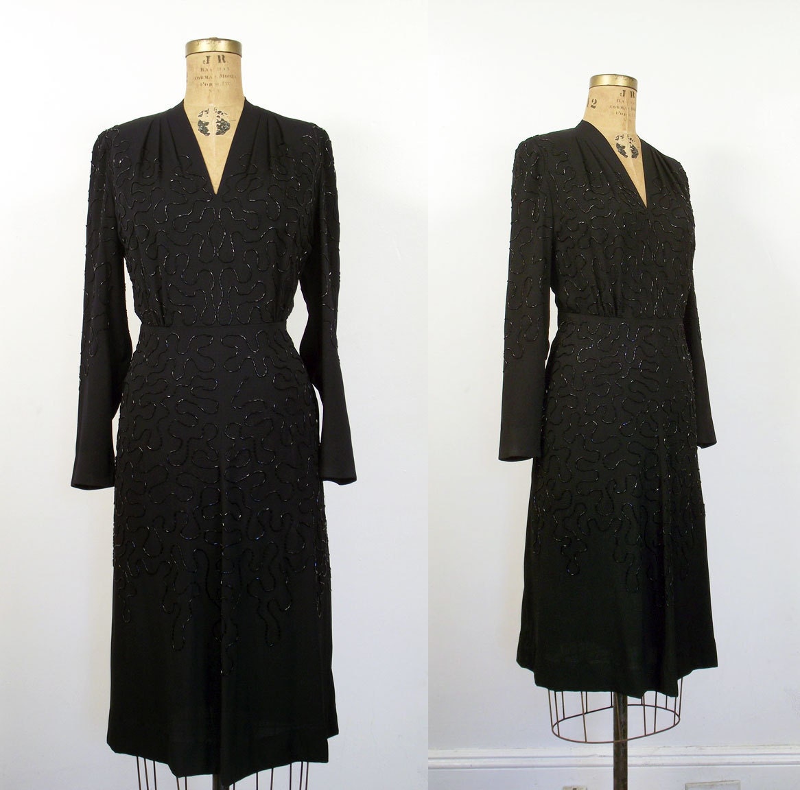 1940s Black Rayon Dress / 40s Beaded Cocktail Dress