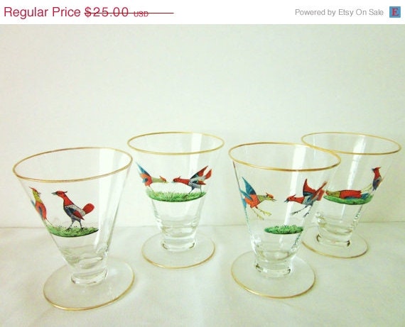 20% OFF SALE Cordial Glasses, Hand Painted Birds, Vintage European Glasses, Barware, Set of 5