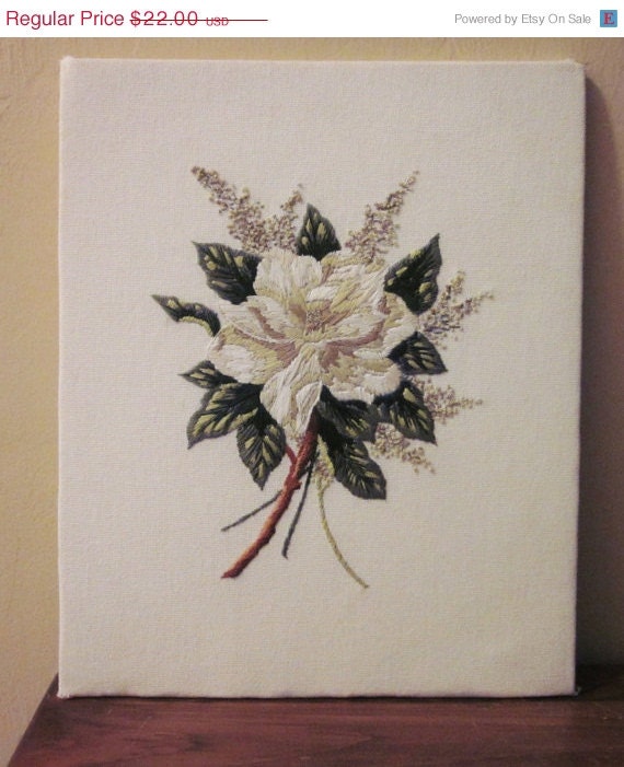 20% OFF SALE Floral Crewel Work on Linen, Wall Art, Mid Century, Vintage
