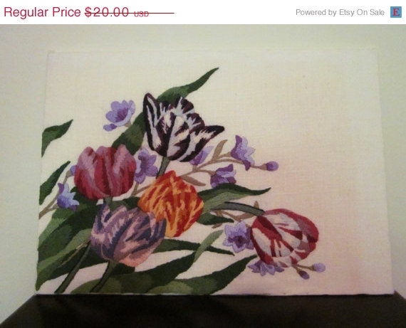 20% OFF SALE Floral Crewel Work on Linen, Bouquet of Tulips, Wall Art, Mid Century, Vintage