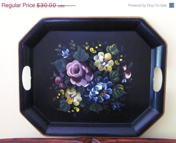 20% OFF SALE Tole Tray Black with Flowers, Vintage, Handpainted, Nashco Tray
