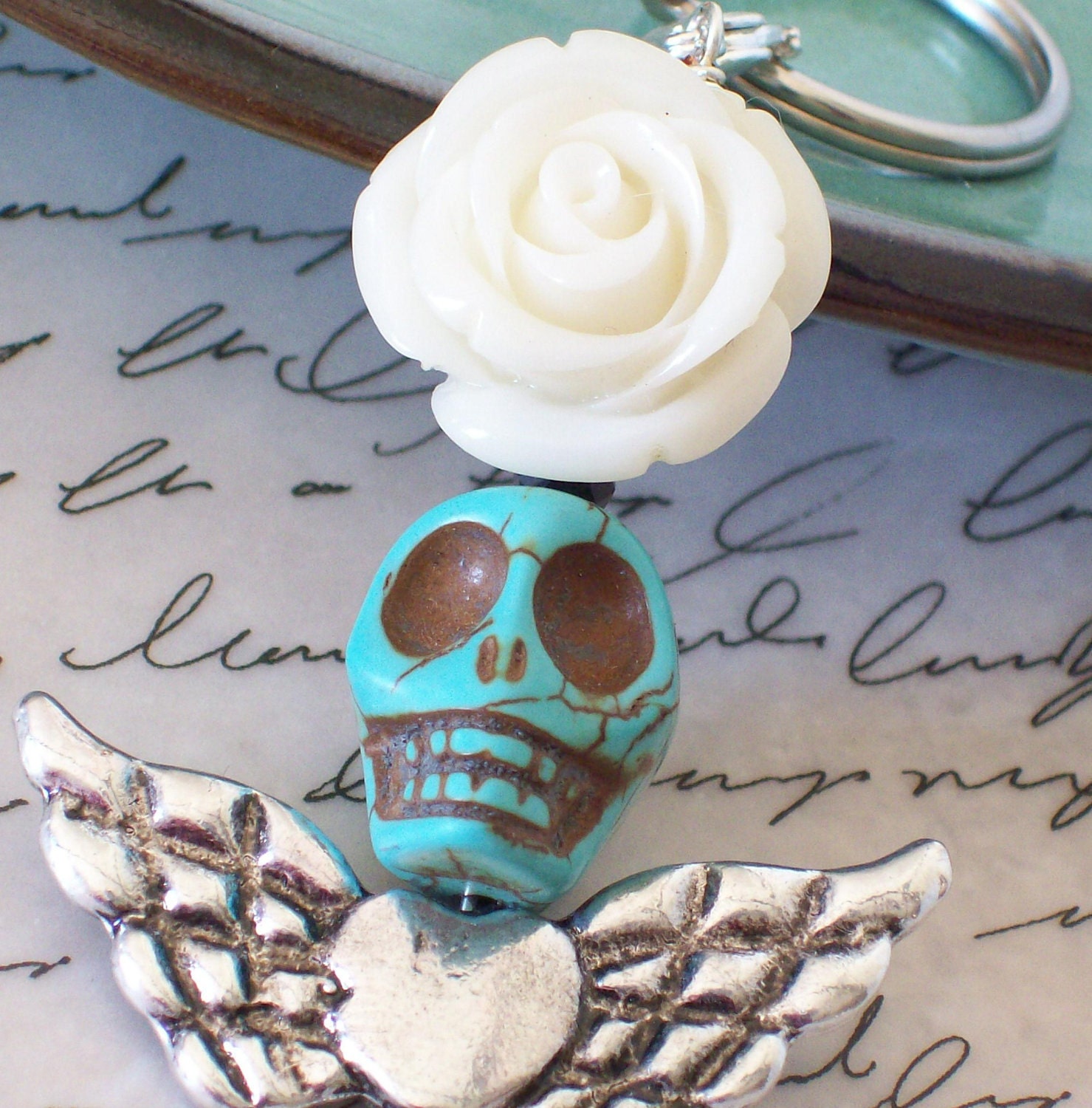 White Rose and Sugar Skull Pendant Keychain
