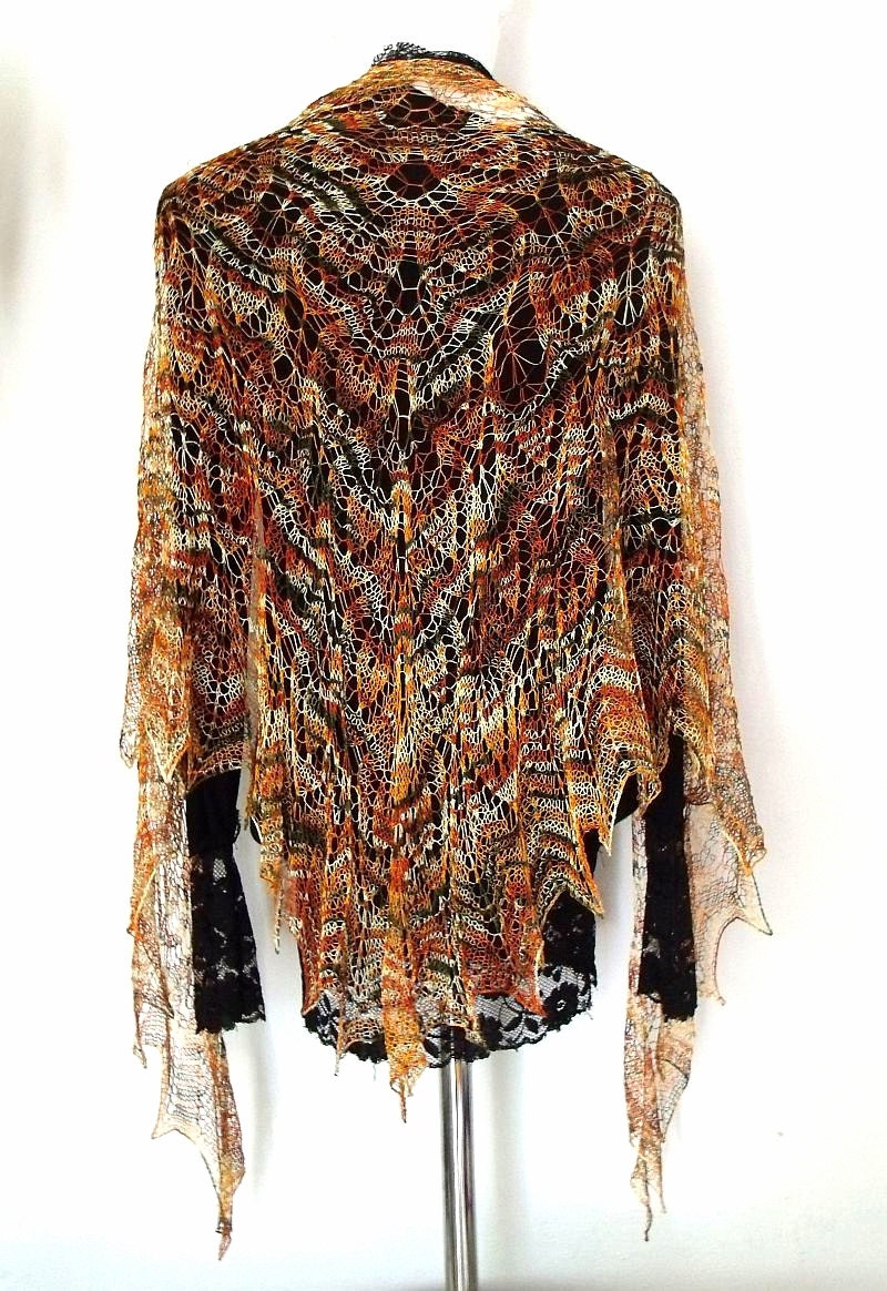 Brown gold silk lace triangle shawl India Autumn handmade OOAK