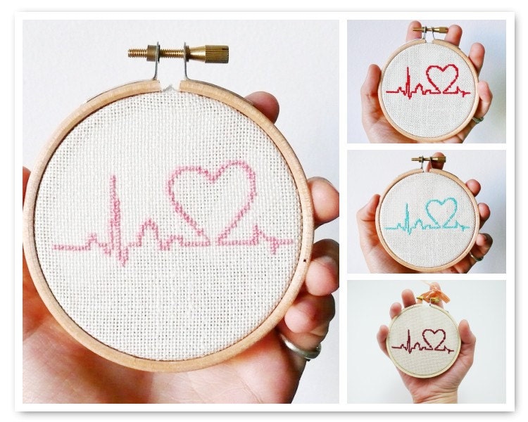 Custom color Cross stitch in wooden hoop Heart