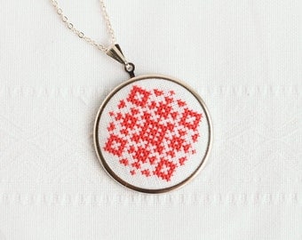 Ethnic cross stitch necklace in tangerine tango color geometrical tribal made to order