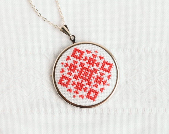 Custom color Hand embroidered necklace geometrical ornament on white - personilized made to order