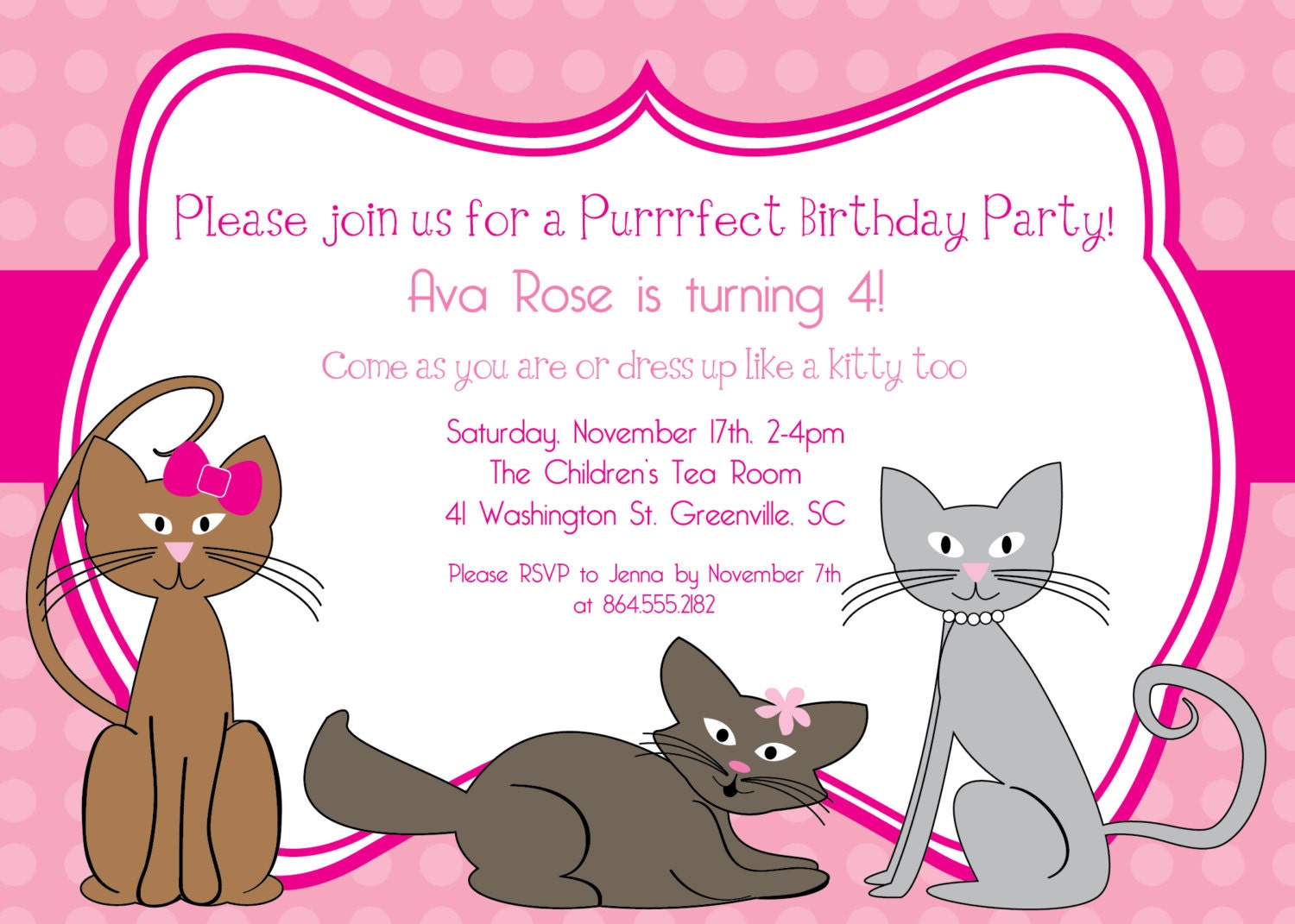 Printable Kitty Cat Birthday Invitation, Kitten, Kitties, Pink, Polka Dots, Purrrfect, Girl, Girlie, Girly,  DIY digital file