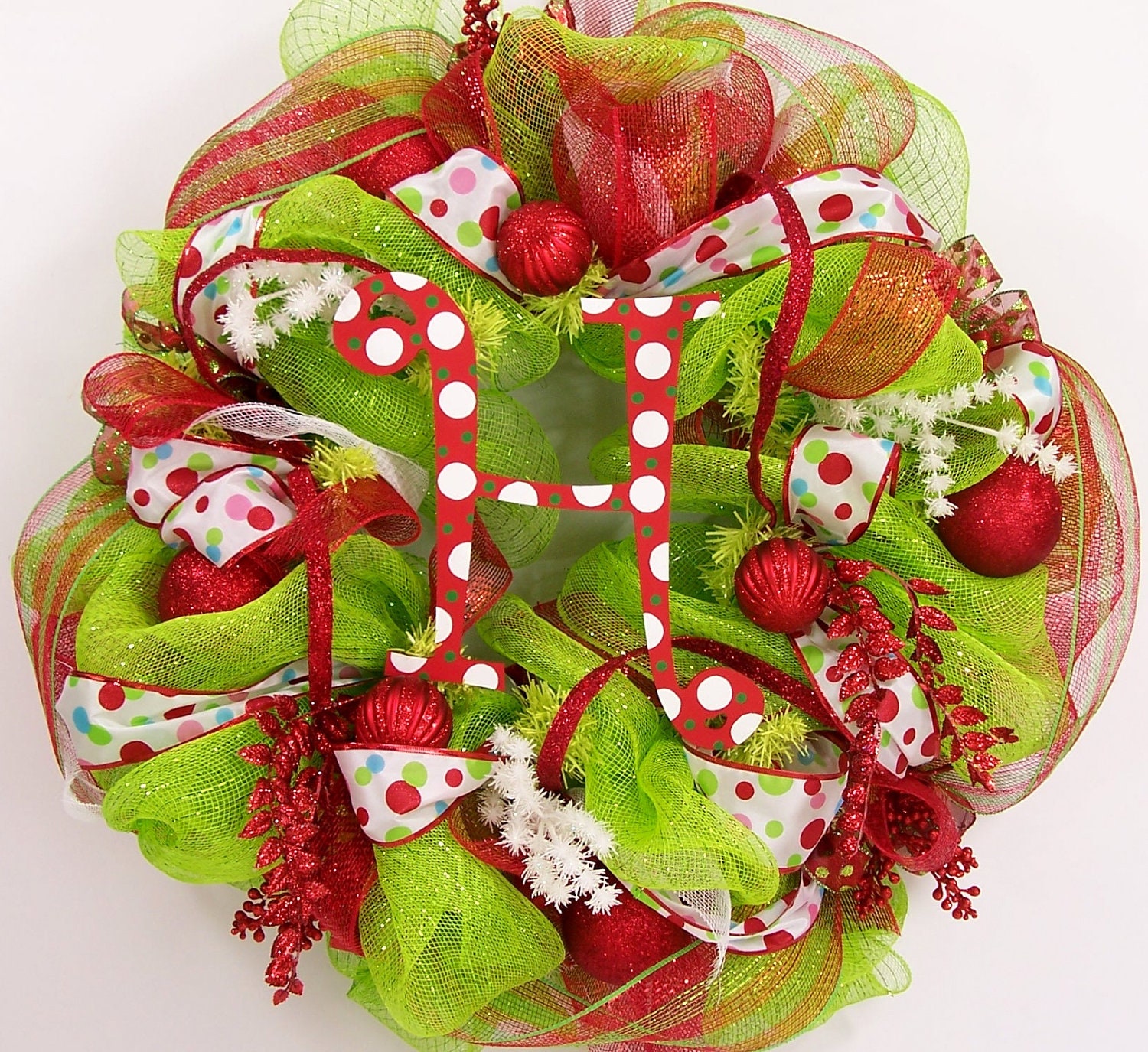 Christmas Wreath Mesh Initial Letter Monogram deco geo holiday door decor decoration lime red