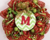 Mesh Christmas wreath chevron stripe monogram letter initial Holiday red lime green door decoration