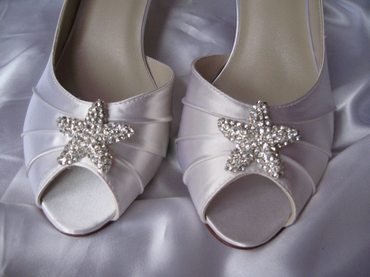 Bridal White Satin Shoes or Ivory Satin Bridal Shoes - Over 100 Colors To Pick From Wedding Shoes with Rhinestone Crystal Starfish