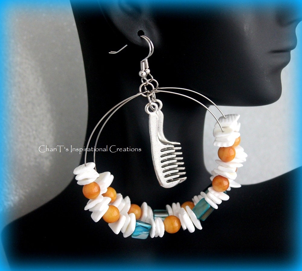 Teal White and Tan Comb Natural Hair Shell Hoops