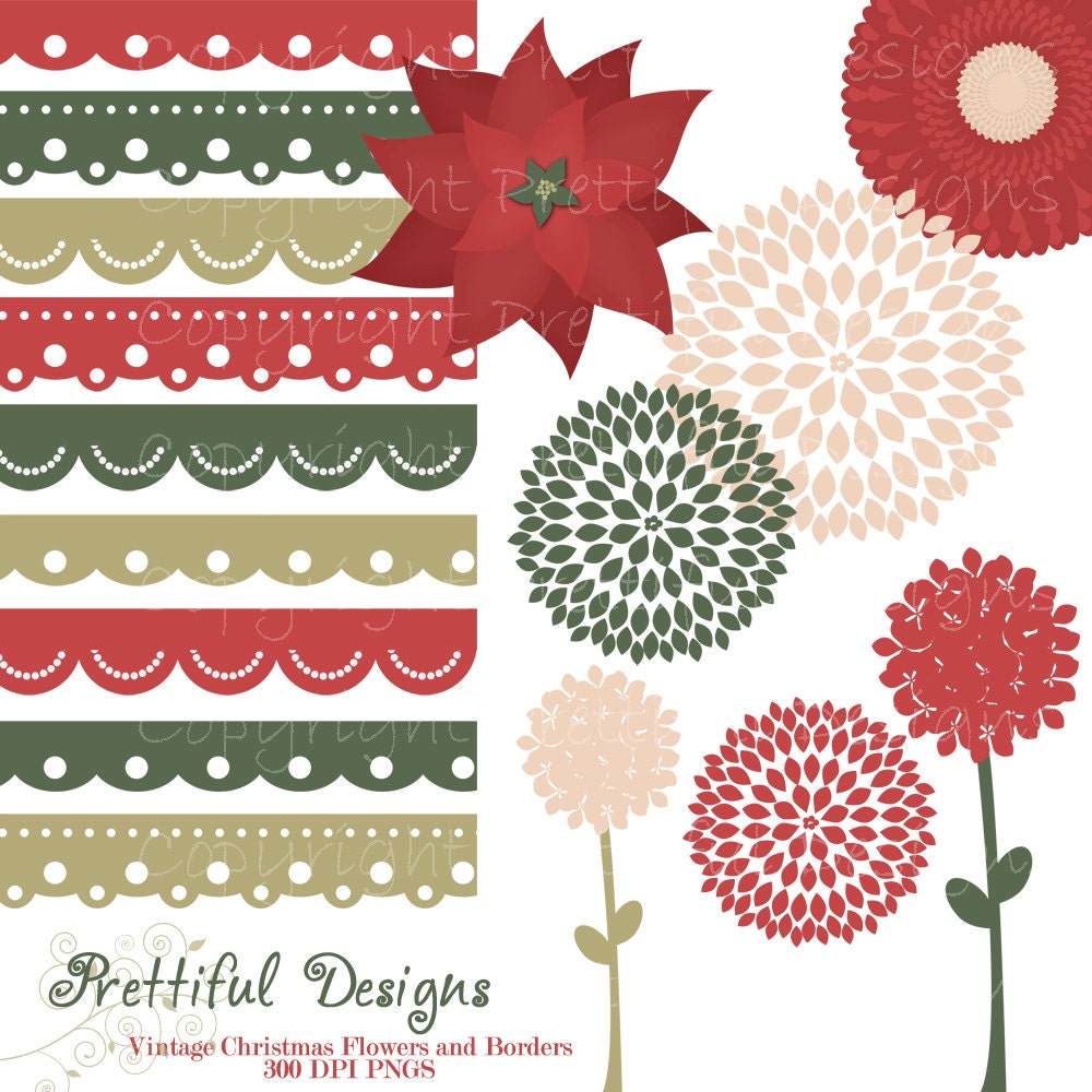 Christmas Flowers and Borders Clip Art - Personal or Commercial Use - Vintage Christmas (403) Il_570xn