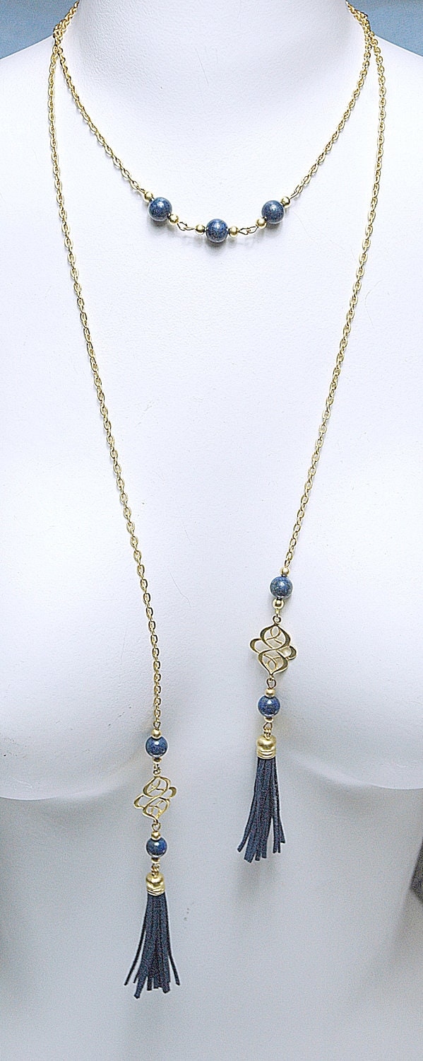 Matte Gold Plated Oriental Infinity Charm Lariat Necklace with Navy blue Lapis Lazuli Stones and Suede Leather Tassel