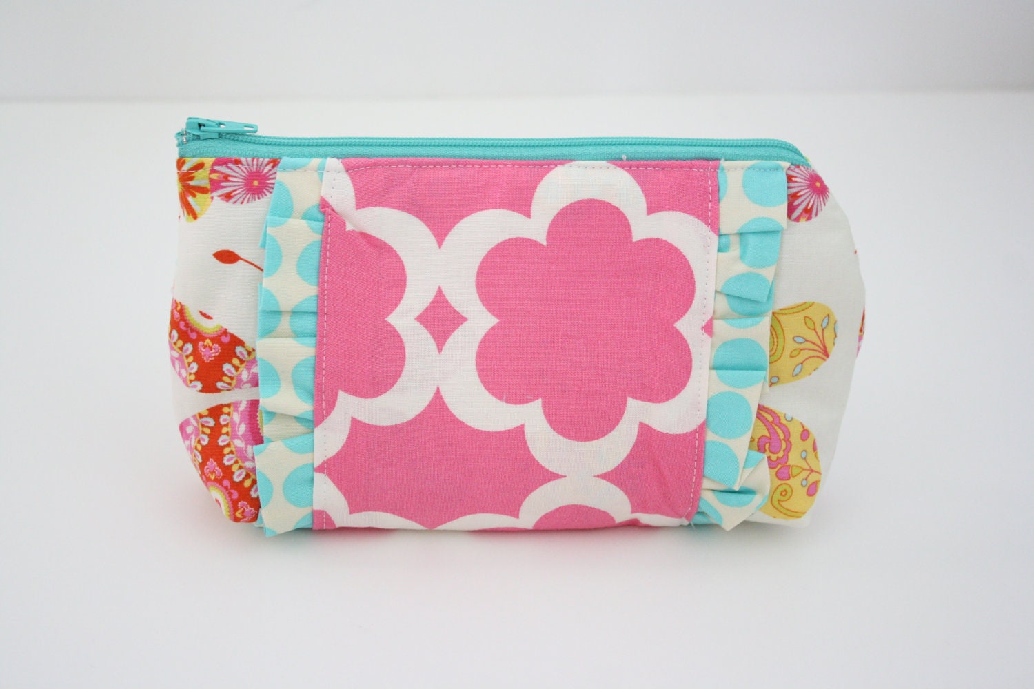 Ruffle Clutch, Small Zippered Pouch, Pink, Aqua, Yellow, Green Butterflys and flowers and Polka Dots