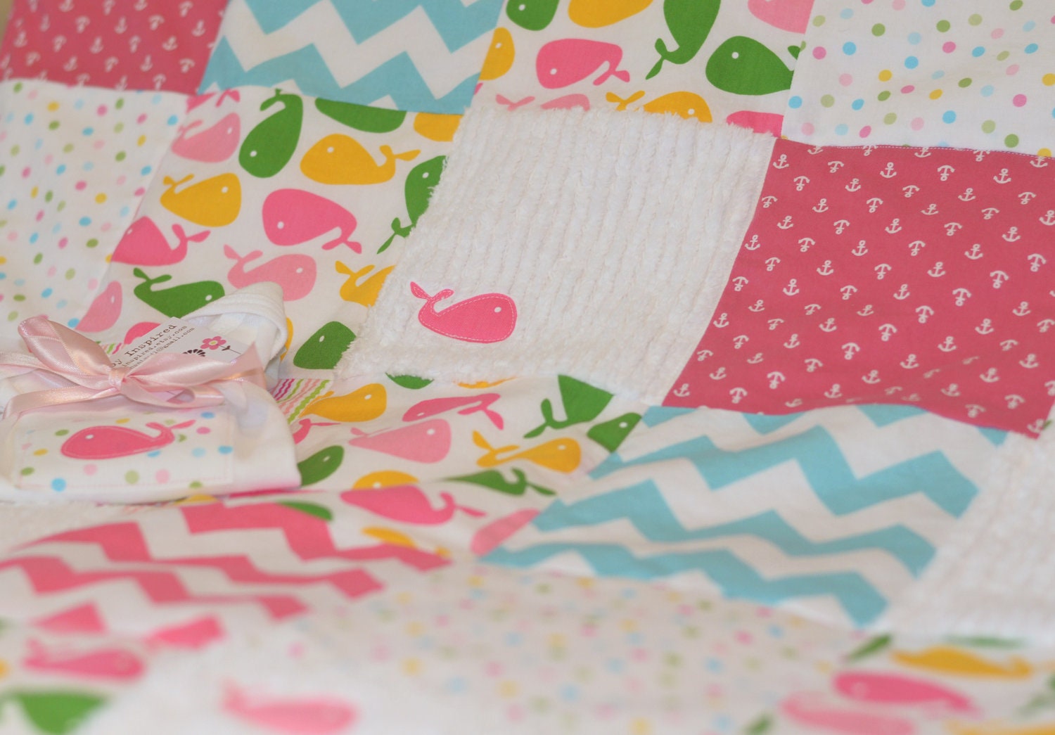 Baby Blanket Large Patchwork Baby Blanket / Quilt - Whale Themed, Pink, Green, Aqua White, Chenille and Flannel