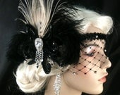 Flapper Headband,1920s Head Piece, Art Deco Headband, Ivory Peacock Feather, Black Ostrich Plumes, Black Sequins, Veil, Great Gatsby