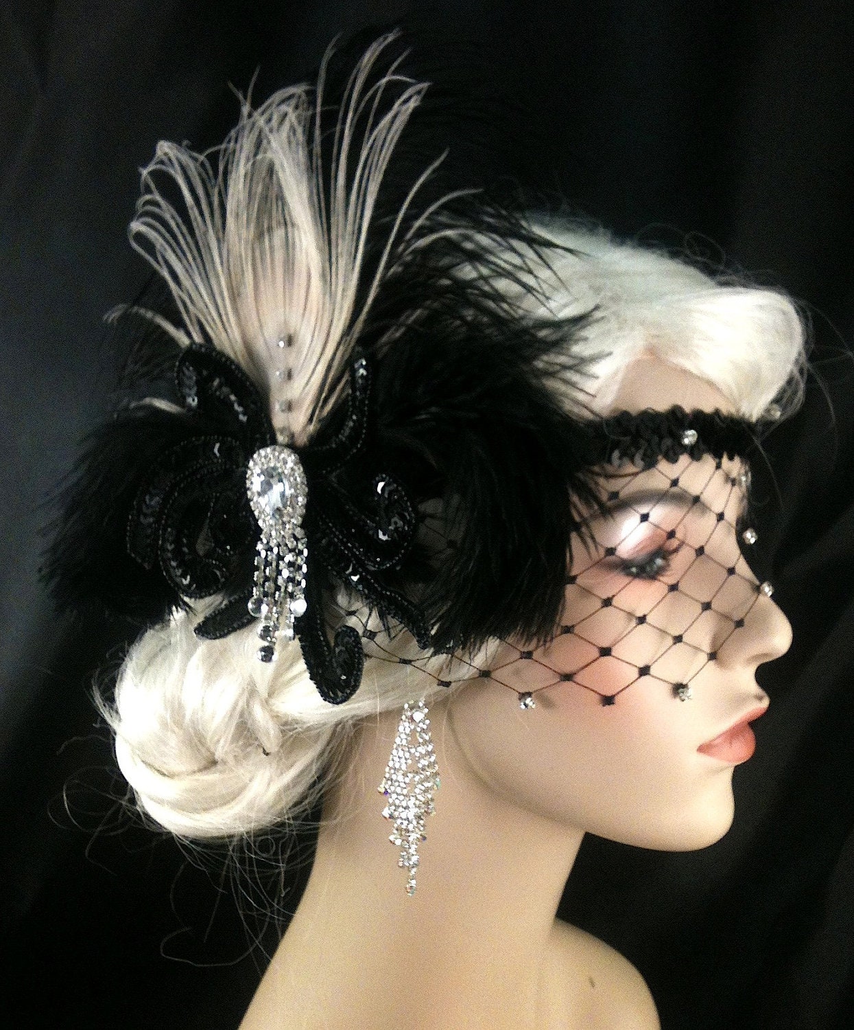 Flapper Headband,1920s Head Piece, Art Deco Headband, Ivory Peacock Feather, Black Ostrich Plumes, Black Sequins, Veil, Great Gatsby