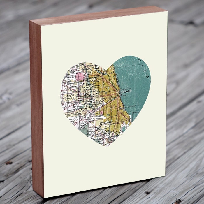 Chicago Art City Heart Map - Wood Block Art Print
