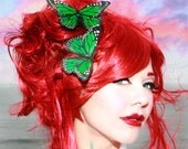 Green Butterfly hair clips - costume, bride bridal accessory - SET of TWO