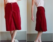 SUMMER SALE 30% OFF Vintage 70s Corduroy Skirt  /  High Waisted Maroon Cotton Knee Length 1970s Denim Skirt  /  Small S
