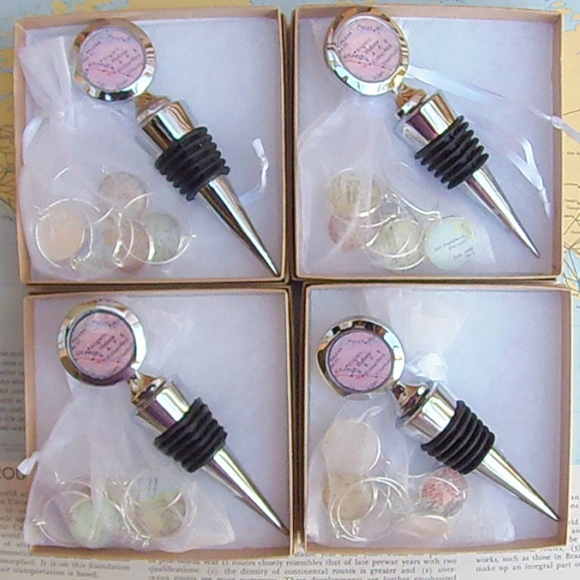 Four Single Sided Custom MAP Wine Bottle Stoppers and Four Sets of Four Wine Charms