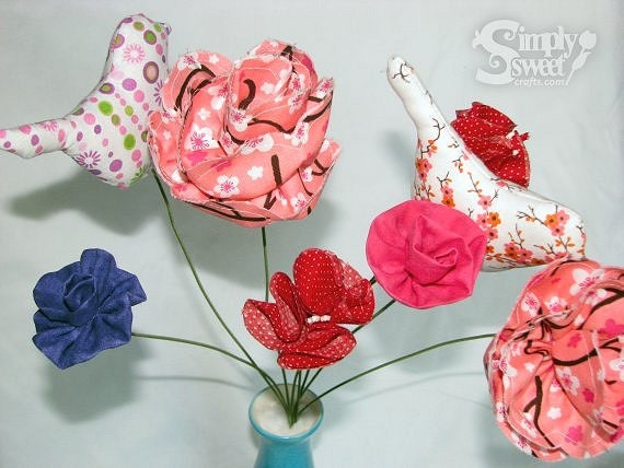 Fabric Flowers and Fabric Birds bouquet. Flower Arrangement. 6 flowers and 2 fabric birds. Delicate Purple, Red and Pink flowers