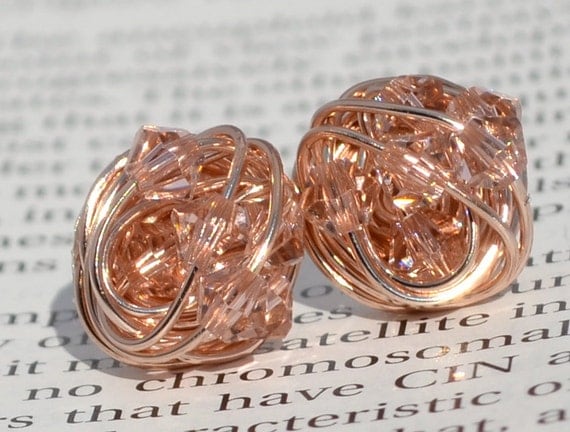 Vintage Rose Crystal- Rose Gold Series- vintage rose Swarovski crystal beads and Rose gold Wire Wrapped Stud Earrings