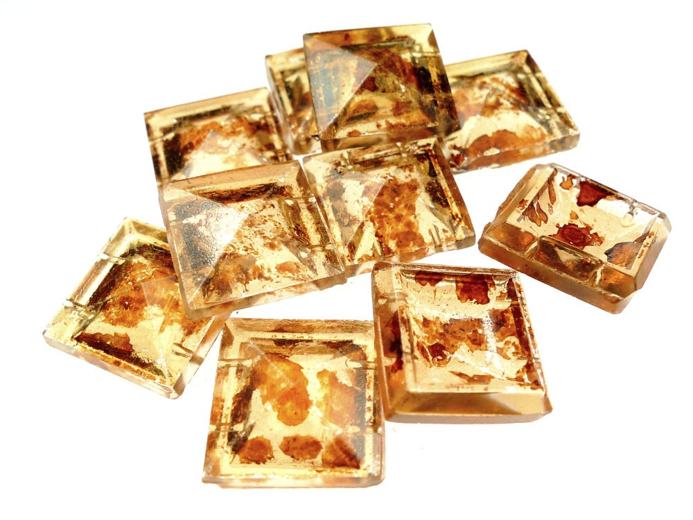 Double hole drilled square pyramide beads, painted glass vintage 10pcs