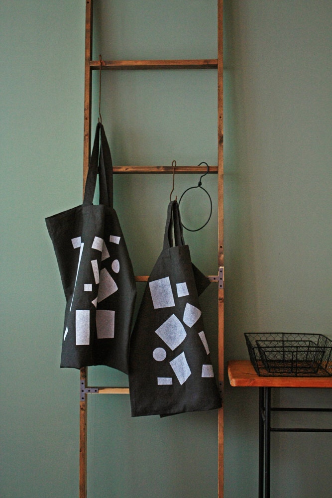 Made to Order, Large Market Tote, Shopper Bag : "Squares" Hand-printed on Washed Charcoal Grey