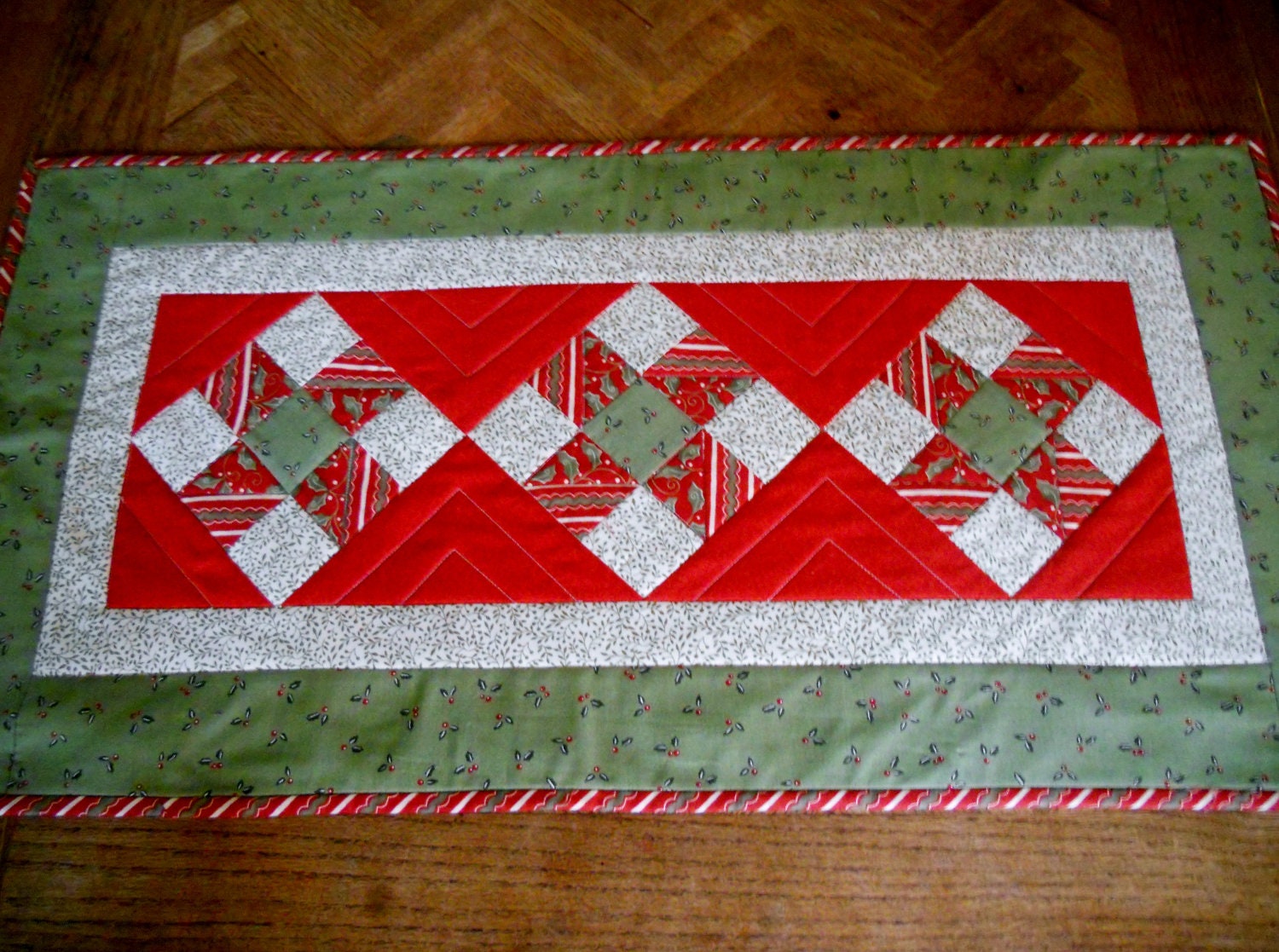 Patchwork Christmas Quilted Table Runner Nine Patch Red and Green