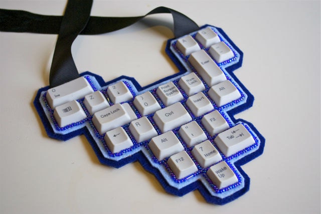 Upcycled Statement Jewellery, Geek Keyboard Necklace, Beaded Felt Bib, Blue