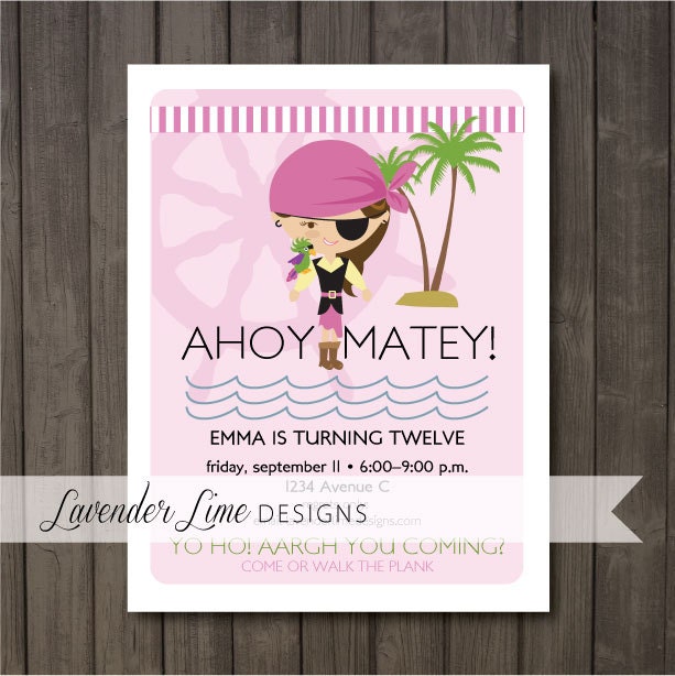 Personalized Girly Pirate Party Printable/DIY Invitations 4.25x5.5