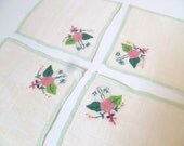 Vintage Linen Tea Set ... Tablecloth and 4 Drink Coasters, Embroidered, Flowers, Floral, Mint Green Border