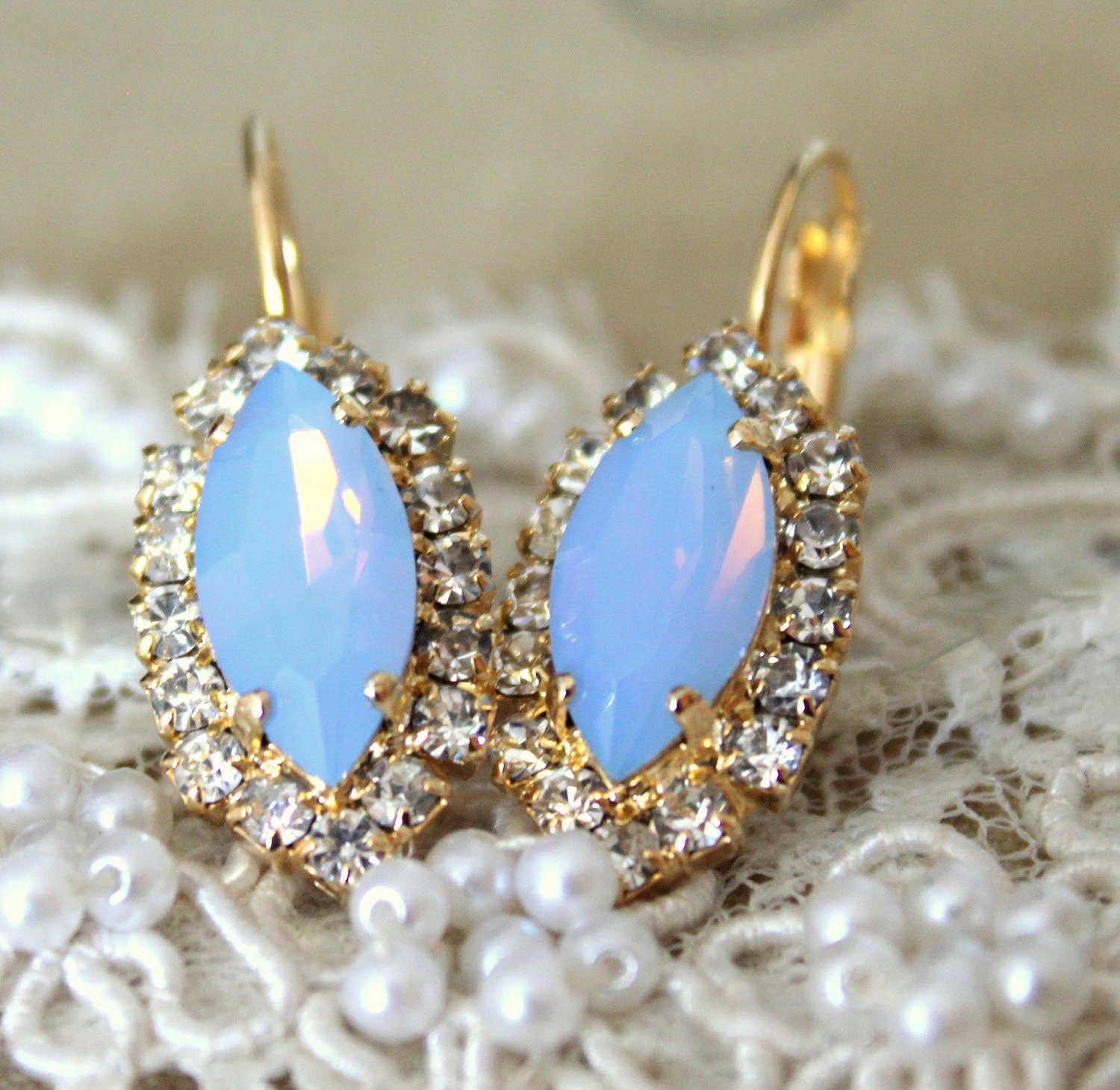 Crystal blue sky Marquis earring - 14k plated gold earrings real swarovski rhinestones .