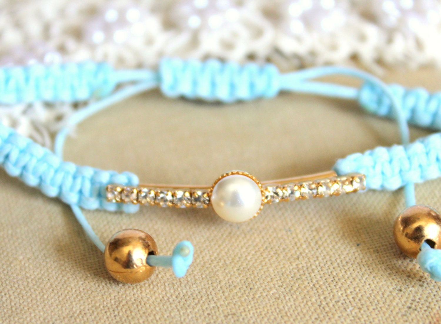 Friendship bracelet clear white crystal and pearls white braided bracelet.