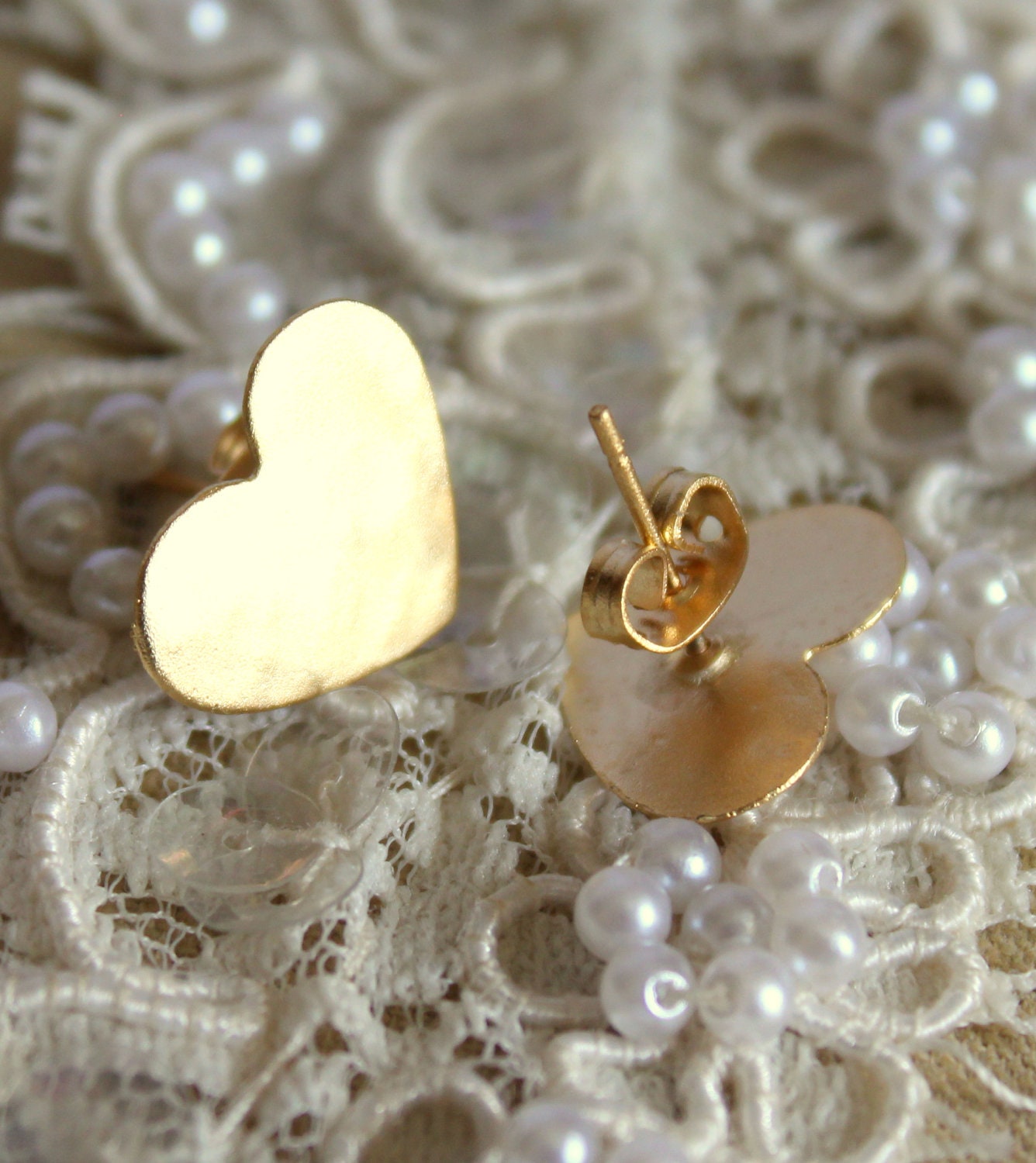 Gold stud heart earrings plated real gold -petit elegant 14k gold matte coated post earrings