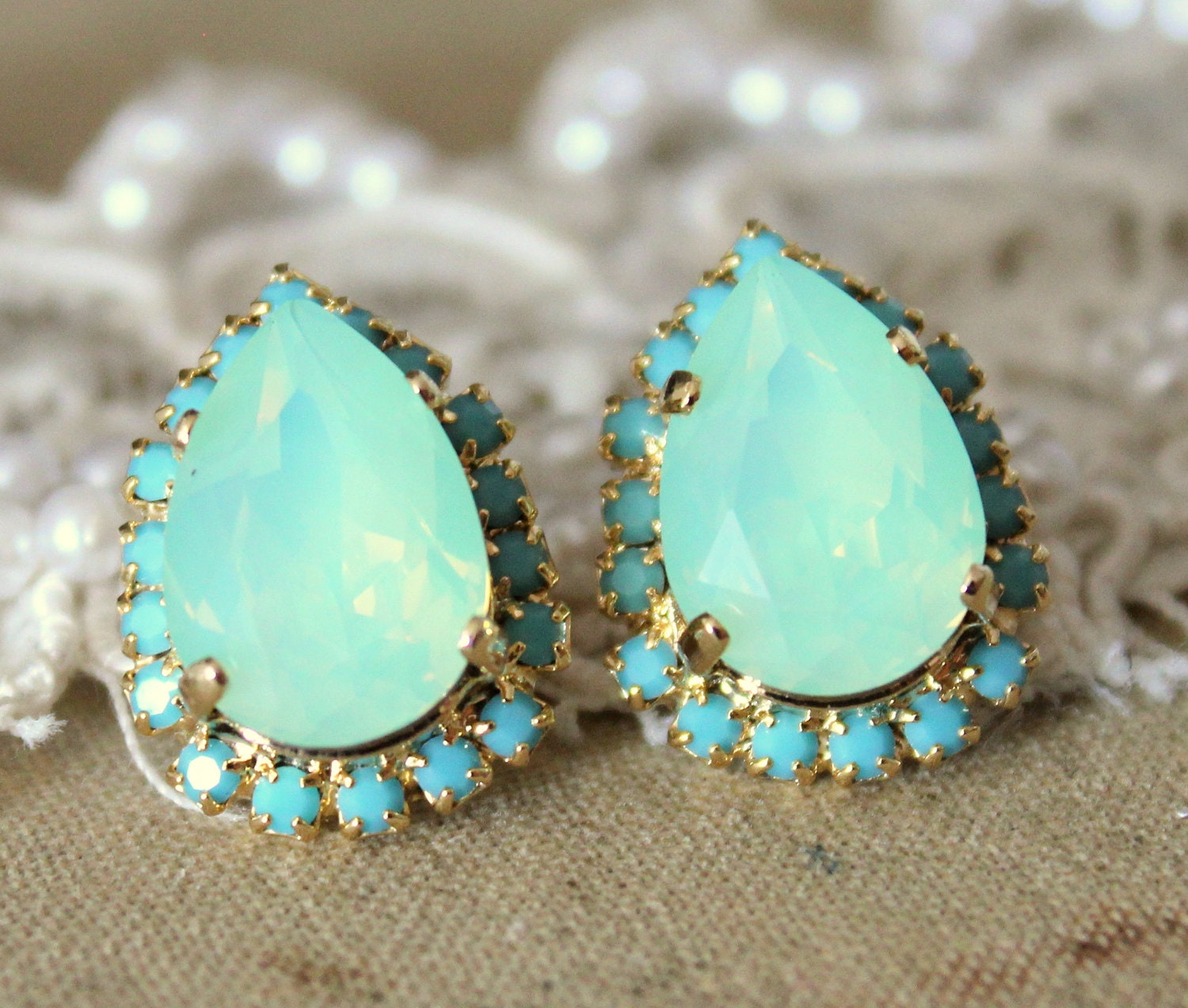 Mint Crystal big teardrop stud earring - 14k plated gold post earrings real mint and turquoise swarovski rhinestones .