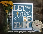 Bible Verse Art-  Let Love Be Genuine - 8x10 Giclee Print - Scripture Art, Teal, Mustard, Home Decor